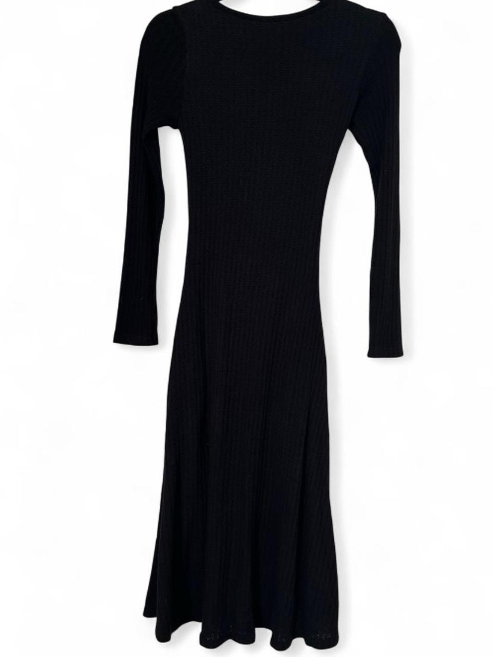 Black Ribbed Long-Sleeve Flared Midi Dress